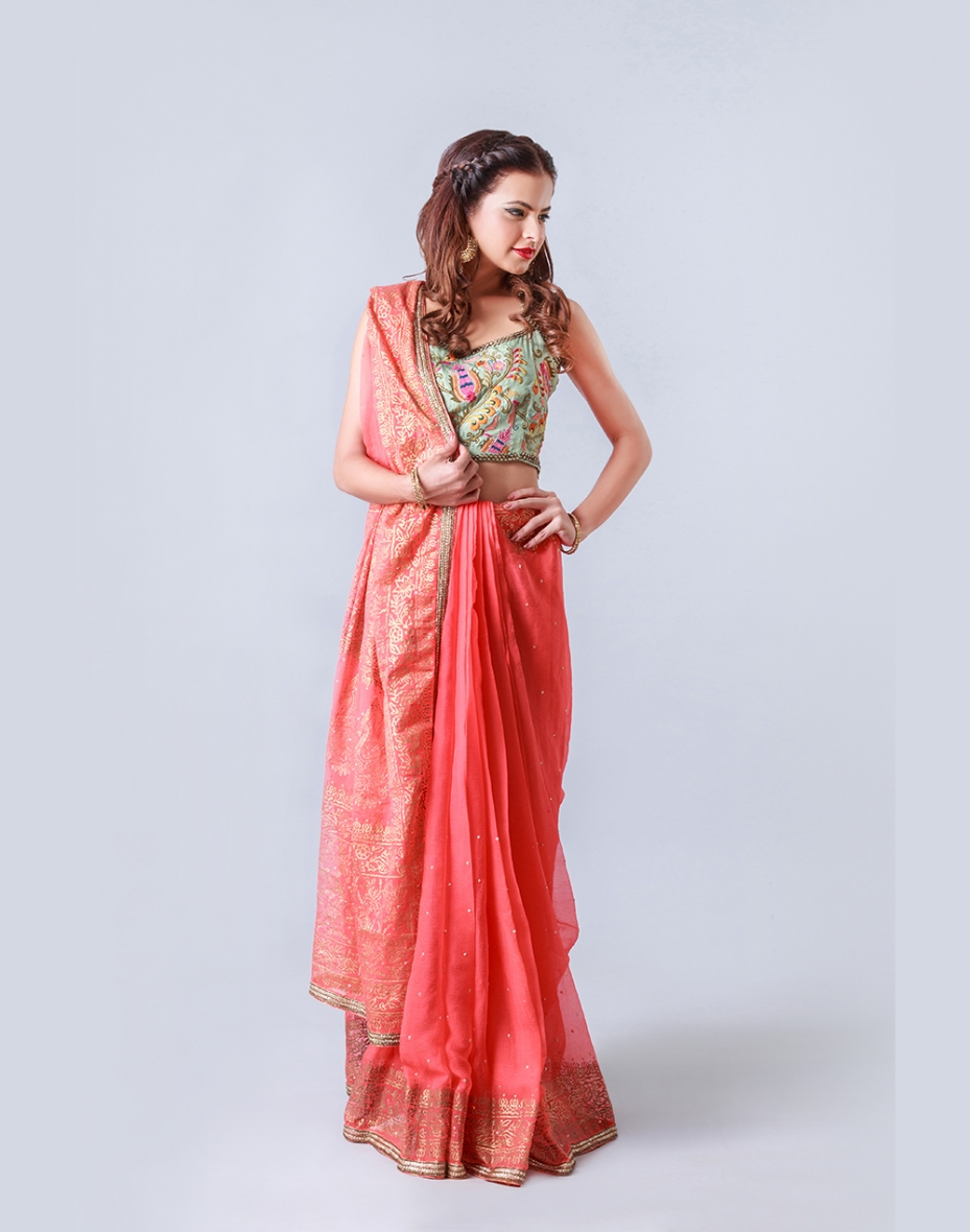 Embroidered blouse with block printed saree F-117